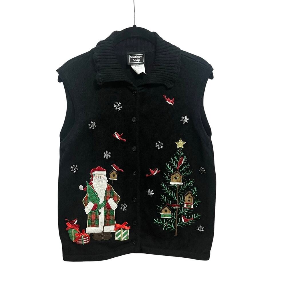 Holiday Christmas Plaid Santa Southern Lady Black Kitchsy Sweater Cardigan Sz S
